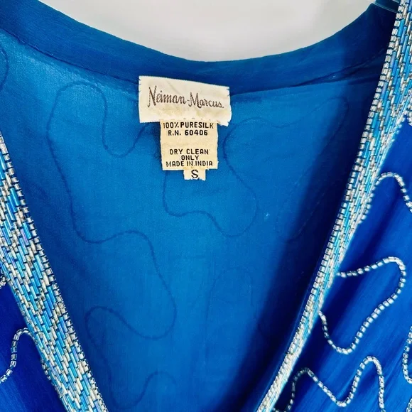 Neiman Marcus Vibrant Blue Silk Dress with Beaded Accents Size Small Vintage - Picture 3 of 6
